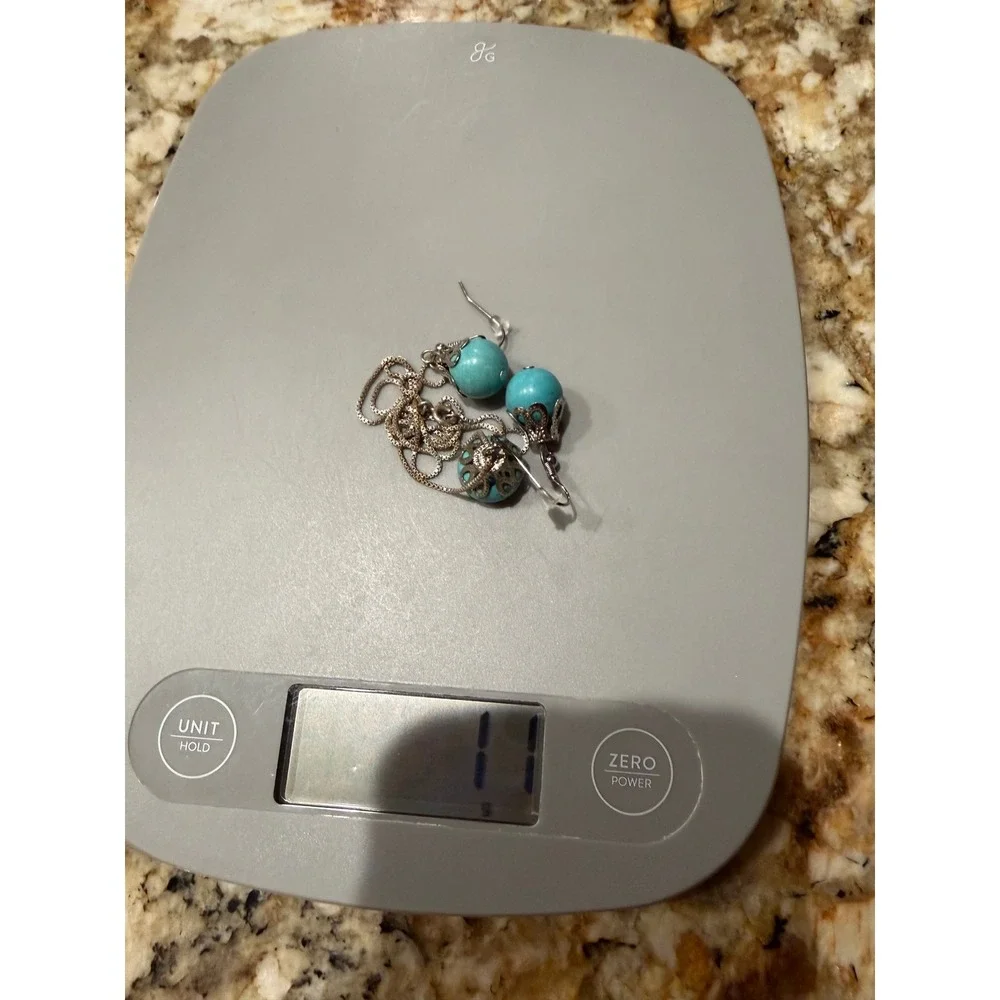 Sterling Silver 925 Italy Turquoise Bead Filigree Necklace & Earring Set 18in